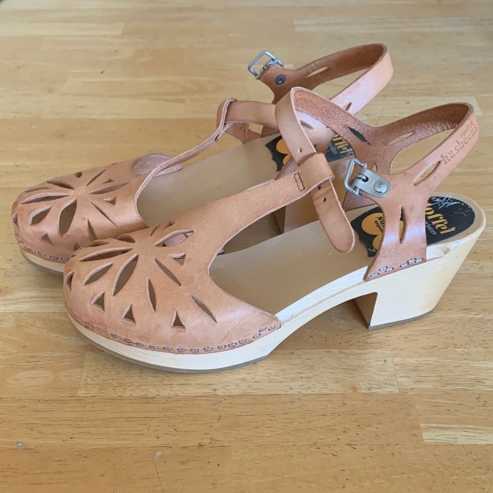 Swedish Hasbeens Light Brown Leather Mules